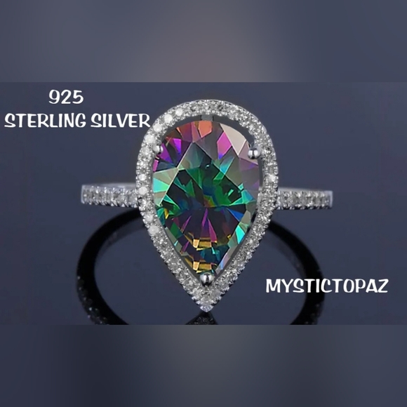 4.00 CTTW Lab Created Rainbow Mystic Topaz Pear Cut Sterling Silver Ring - Picture 3 of 3